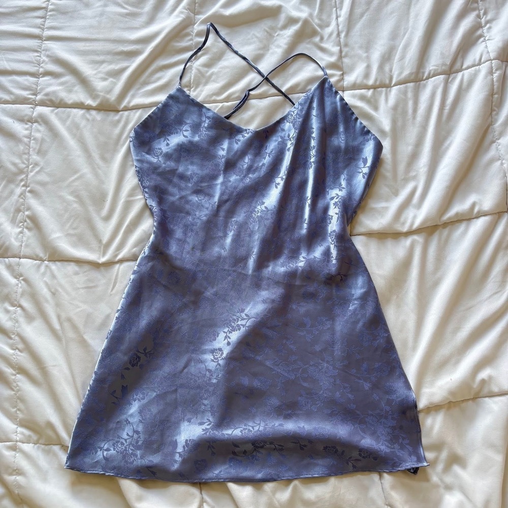 Victorias Secret Floral Satin Mini Dress Blue Strappy Back Side Slit V-Neck